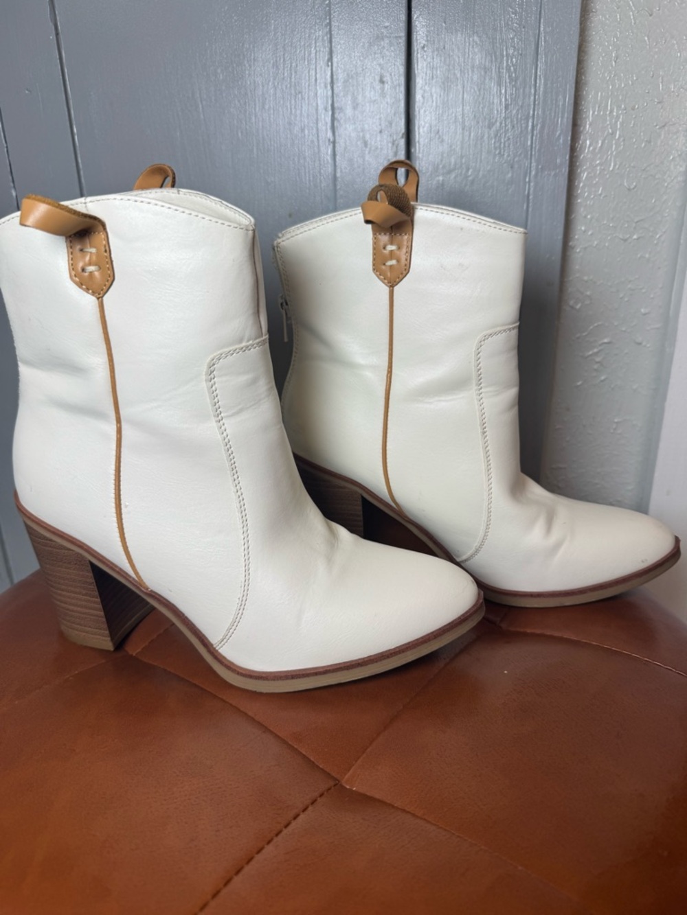 Altar'd State White Leather Western Ankle Boots with Tan Accents